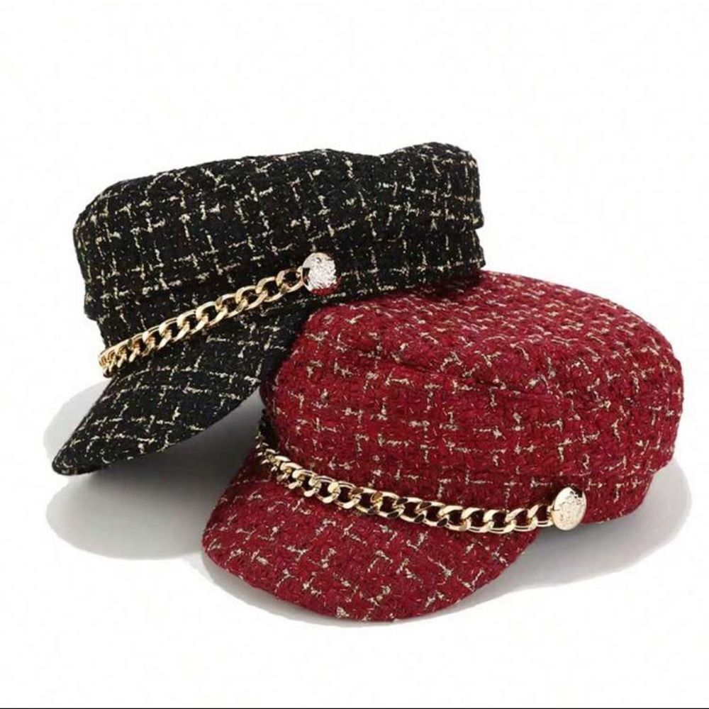 Women’s Tweed Chain Newsboy Cap – Chic & Elegant - Picture 1 of 9